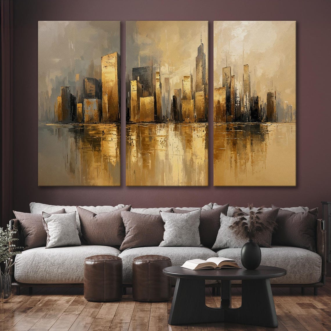 Hazy Golden City Skyline Reflection in Water Elegant Art Poster - Image 6