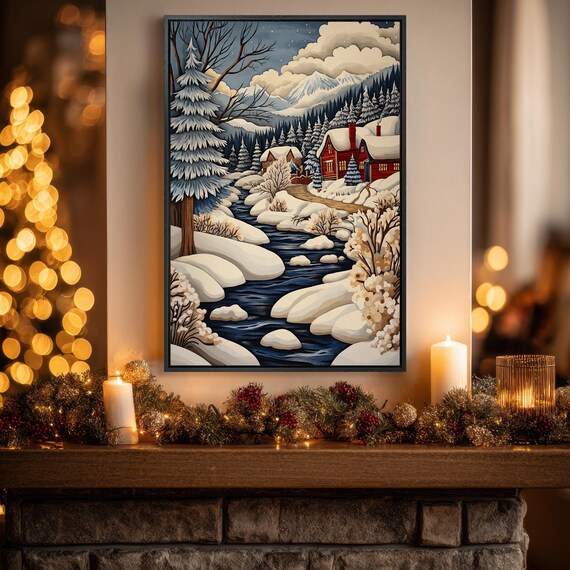 Snowy Mountain River Cabins Cozy Winter Landscape Scene Poster