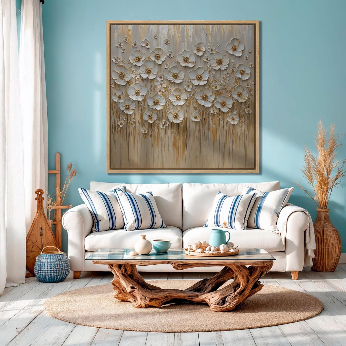 White And Gold Blossoms Impasto Floral Field Painting Art Poster - Image 3