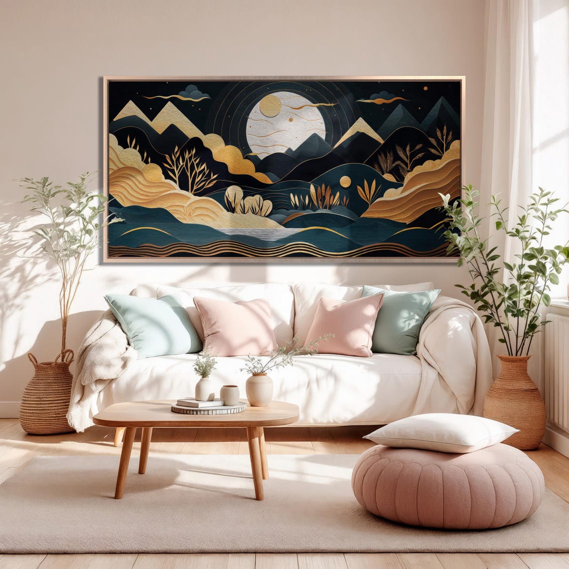 Golden Moon Over Stylized Mountains Panoramic Night Landscape Poster - Image 2