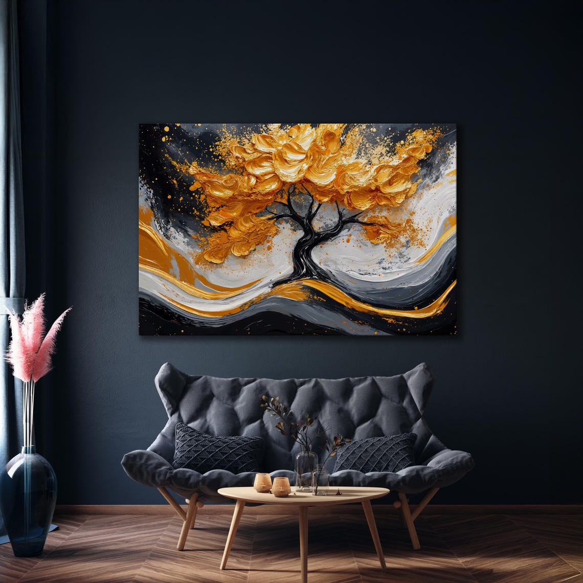 Impasto Golden Tree on Black White Swirl Dramatic Luxury Art Poster - Image 4