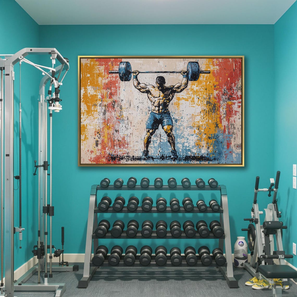 Man Pressing Loaded Barbell Overhead On Distressed Vintage Poster - Image 3