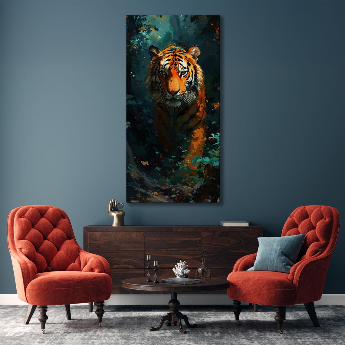 Orange Tiger In Dark Jungle Painted Wildlife Portrait Wall Art - Image 4