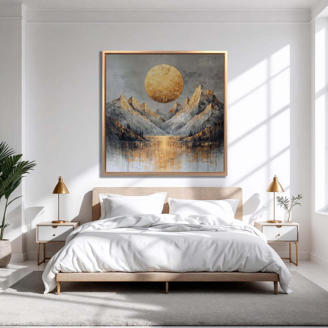 Giant Golden Sun Rising Over Mountain Lake Landscape Art Poster - Image 4