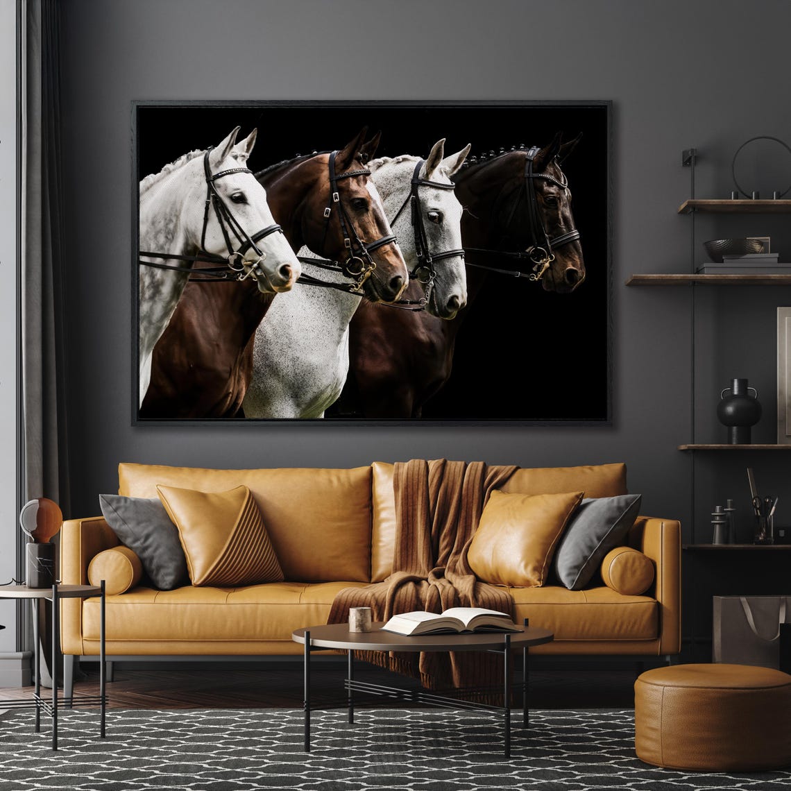 Four Horses In Bridles Black Background Equestrian Team Wall Art - Image 5