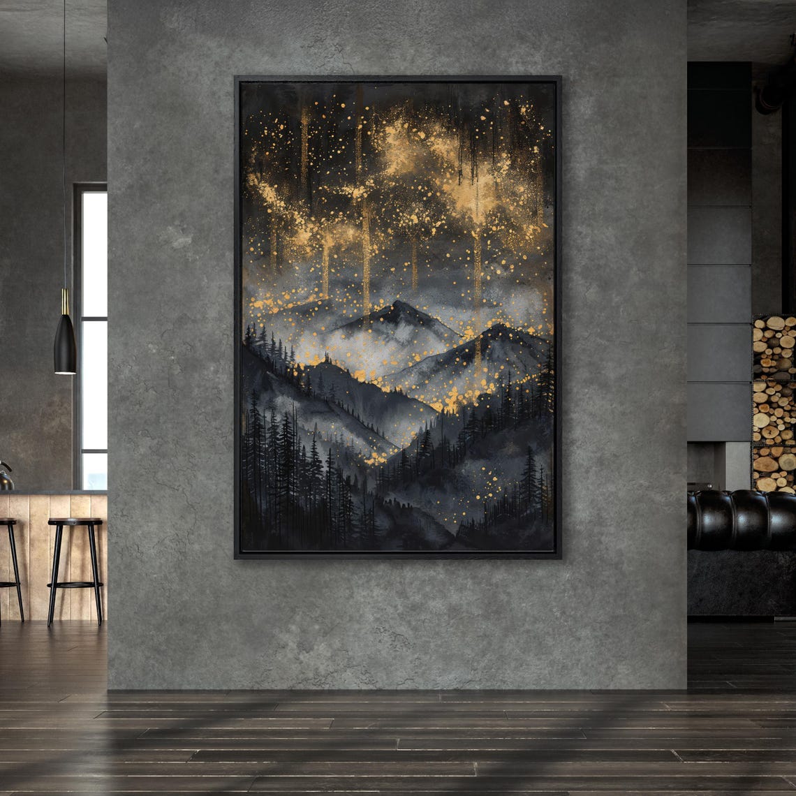 Black And Gold Mountain Night Landscape With Golden Mist Poster - Image 6