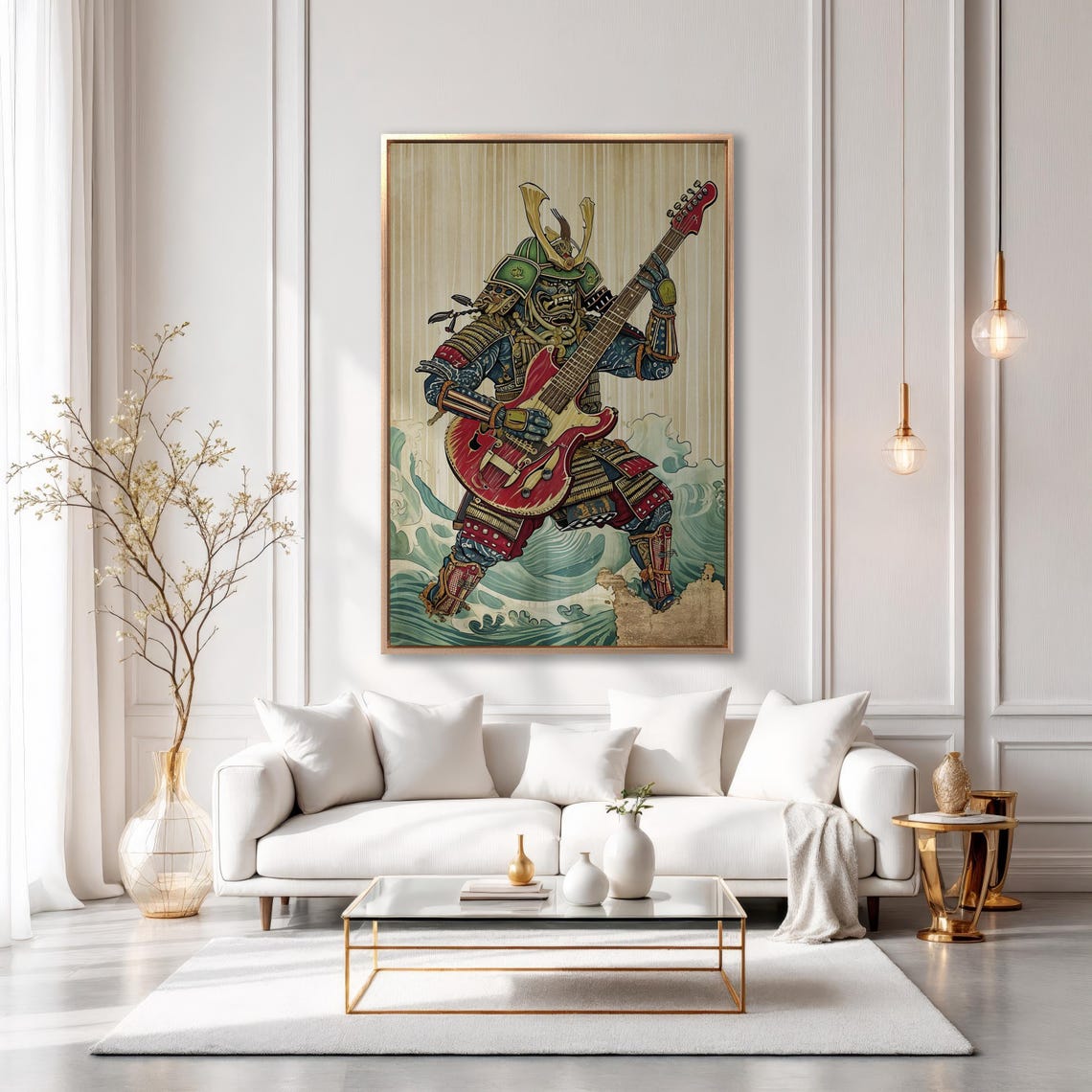 Samurai Playing Red Electric Guitar Japanese Wave Rock Wall Art - Image 2