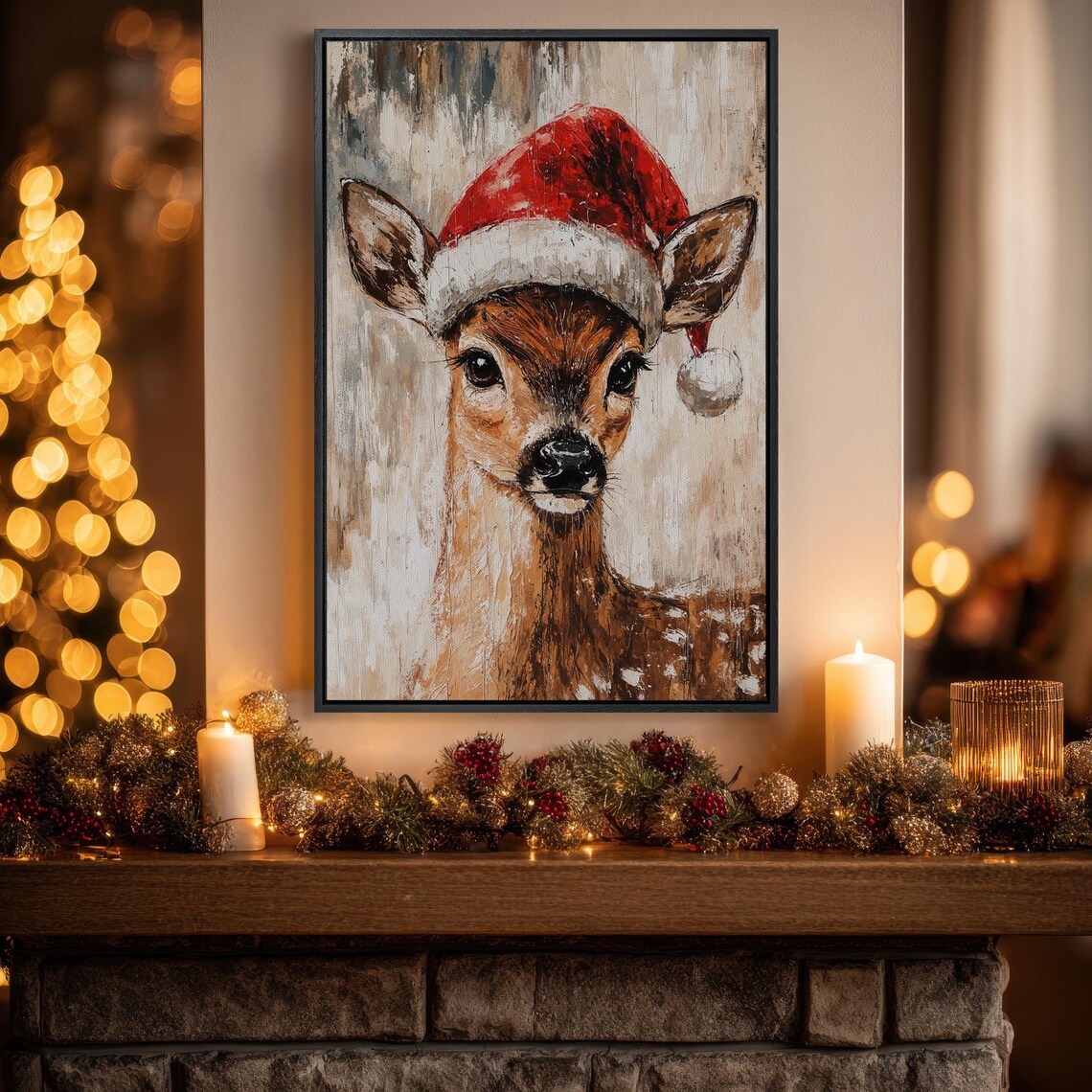 Rustic Fawn Deer In Santa Hat Christmas Portrait Painting Poster
