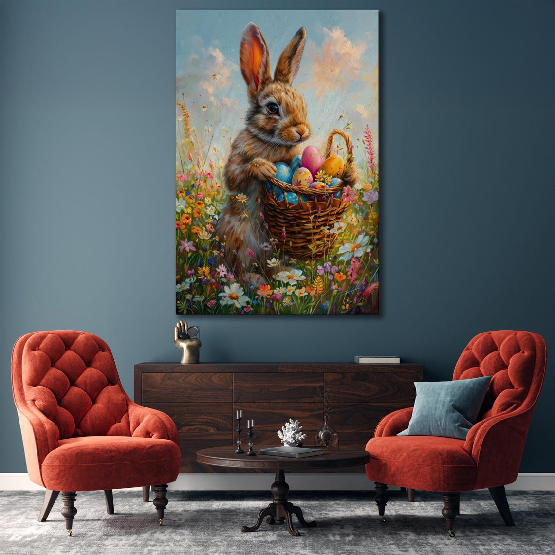 Bunny Holding Easter Egg Basket In Spring Meadow Painting Poster - Image 4