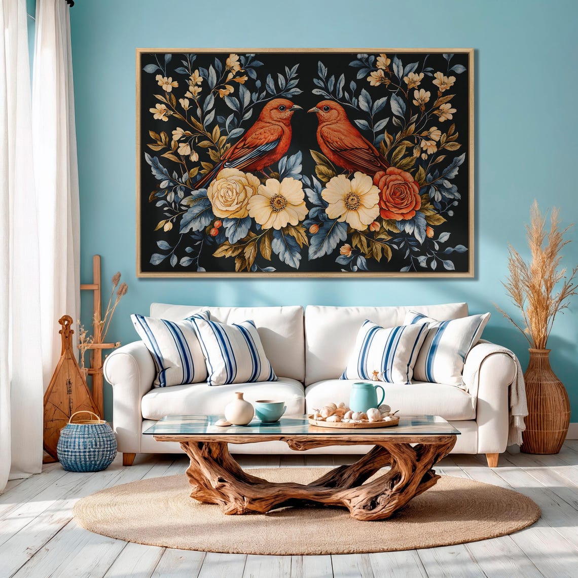 Two Red Birds Among Roses on a Dark Floral Botanical Art Poster - Image 4