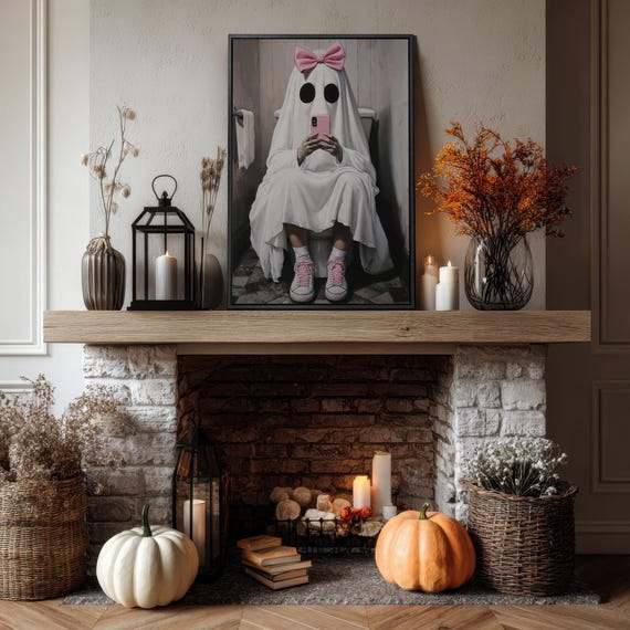 Ghost With Pink Bow Scrolling Phone On Toilet Funny Halloween Poster