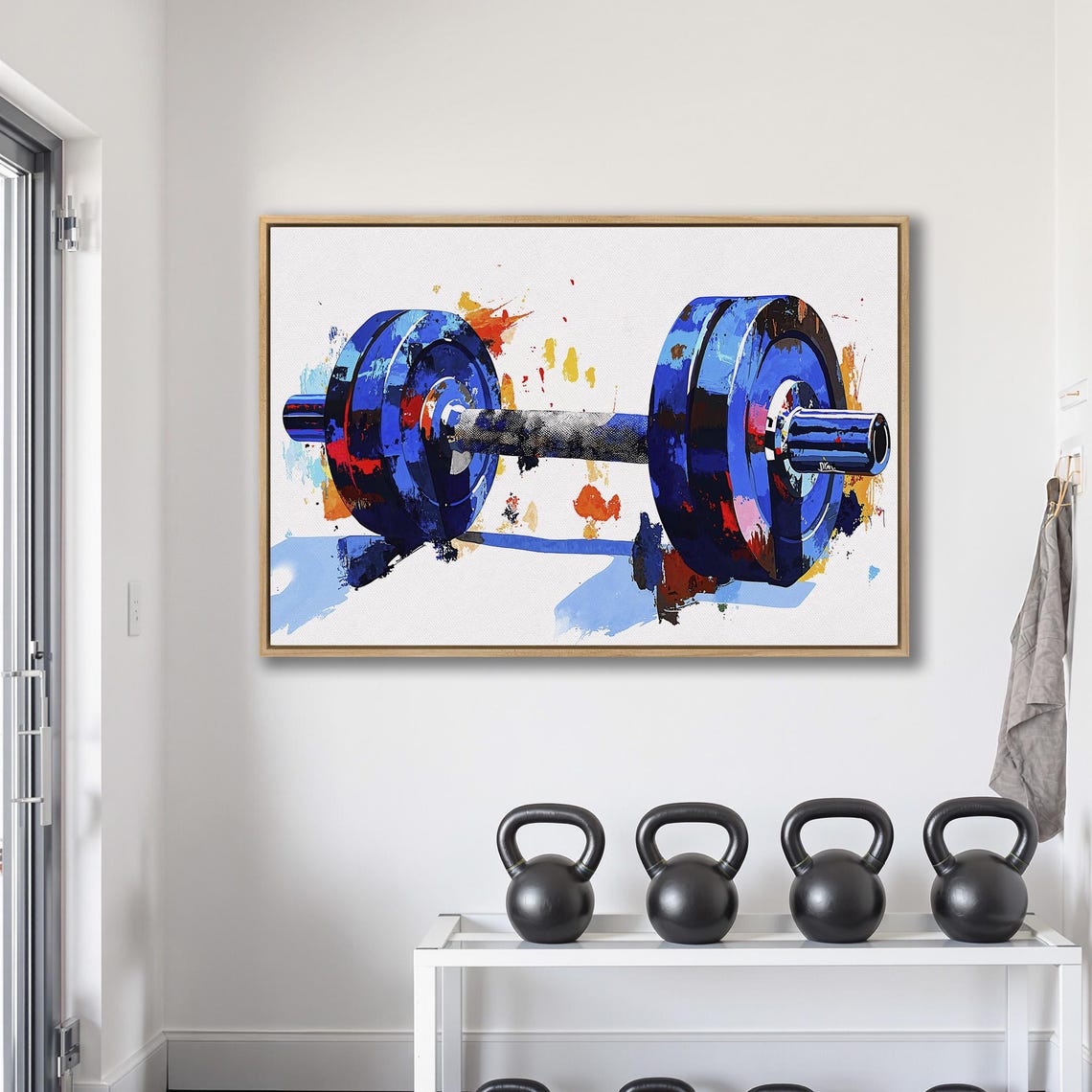 Dramatic Close Up Blue Dumbbell With Bold Paint Splashes Gym Poster - Image 2