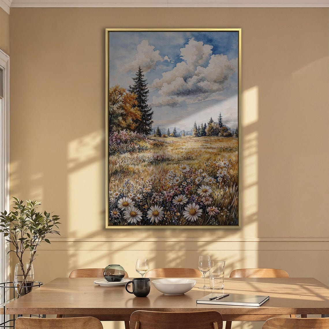 Golden Daisy Meadow With Pine Trees and Mountain View Poster - Image 2