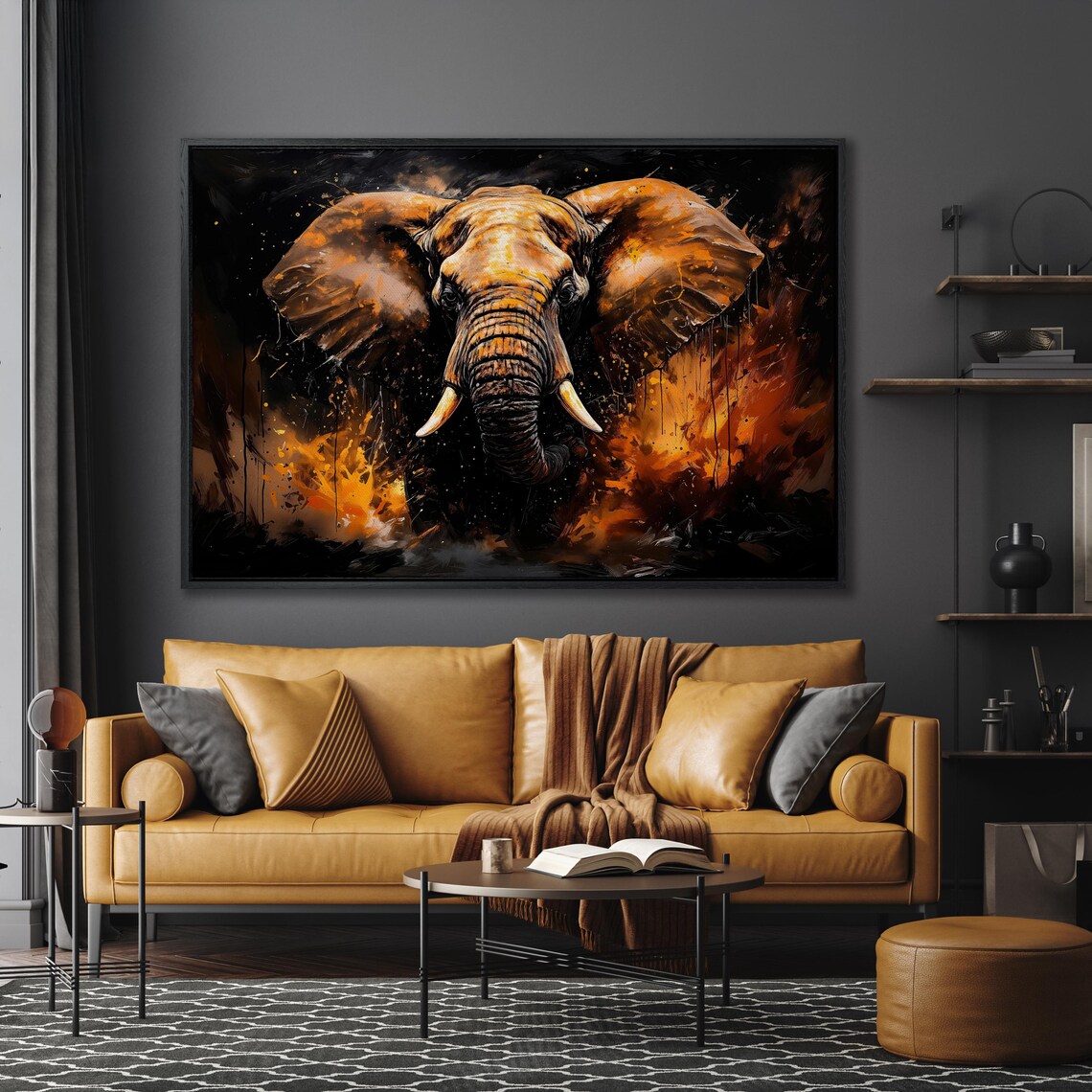 African Elephant Fiery Orange Brushstrokes Safari Portrait Wall Art - Image 5