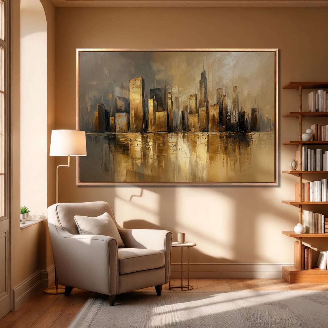 Hazy Golden City Skyline Reflection in Water Elegant Art Poster - Image 4