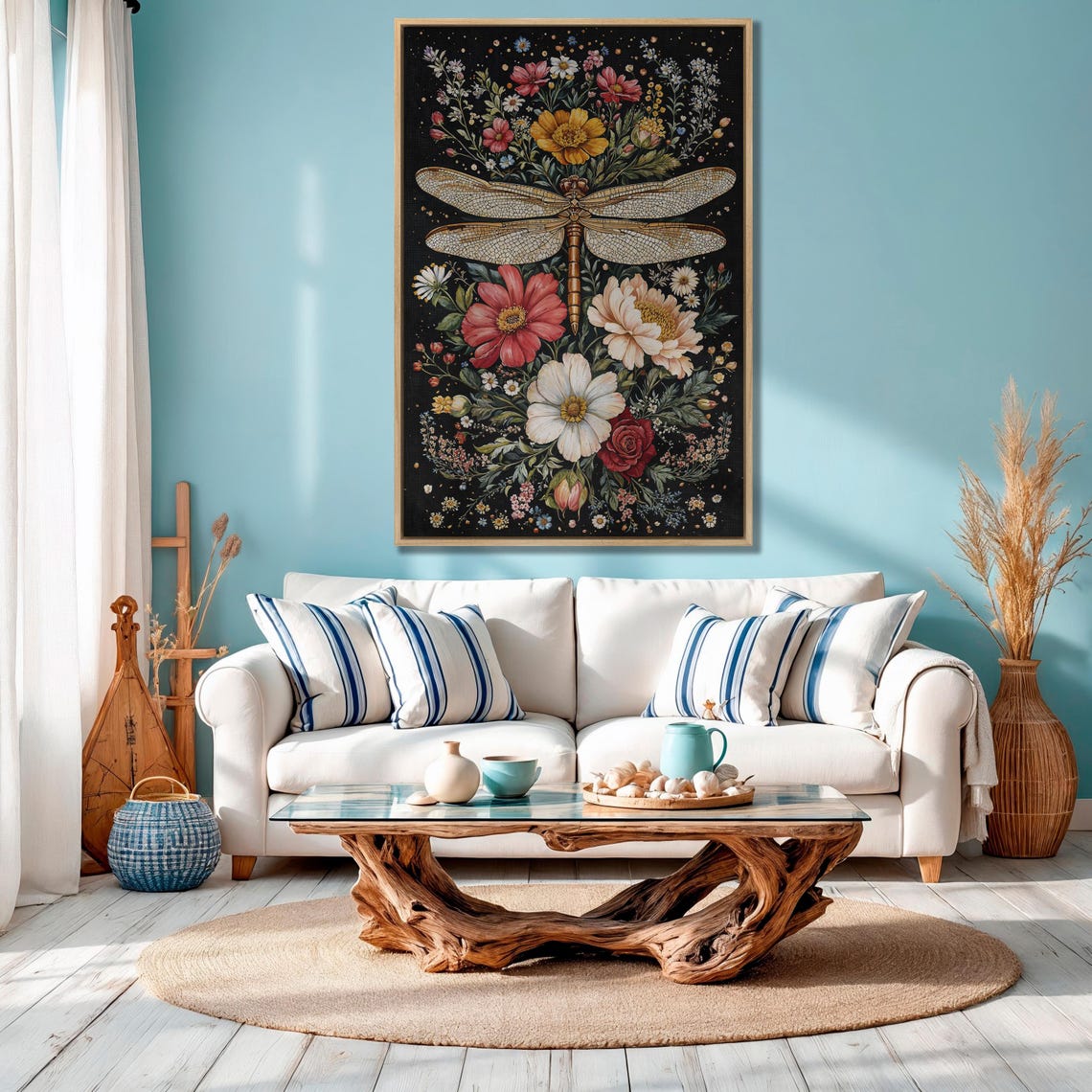 Golden Dragonfly Hovering Over a Lush Flower Bouquet on Black Poster - Image 4