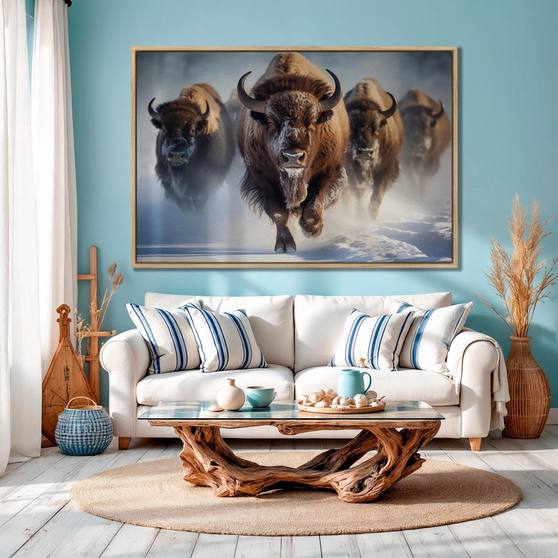 Bison Herd Charging Through Snow Rustic Winter Wildlife Wall Art - Image 3