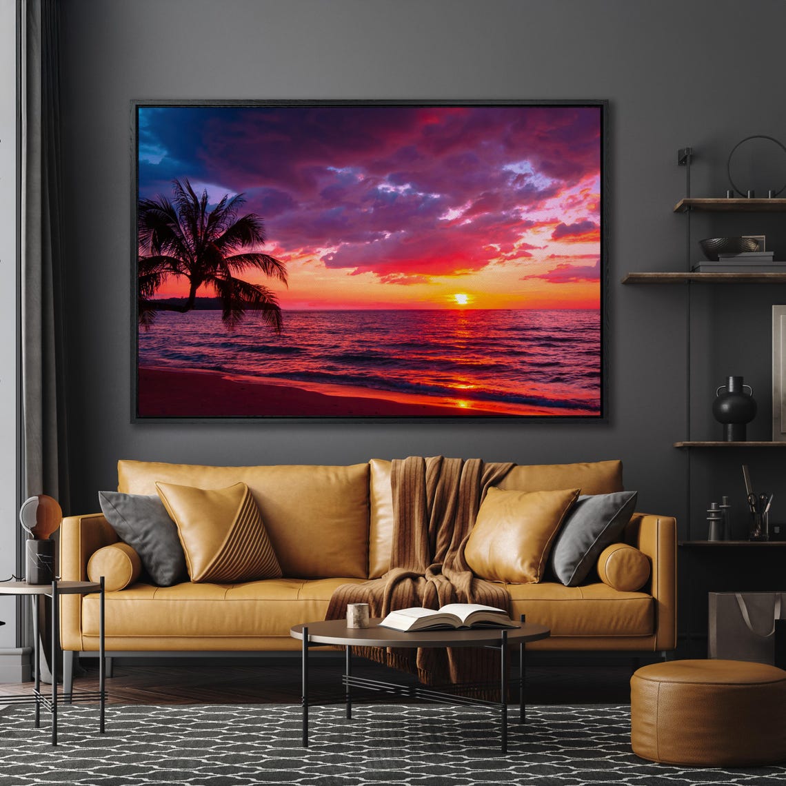 Tropical Beach Sunset Pink Clouds Palm Silhouette Ocean Poster - Image 2
