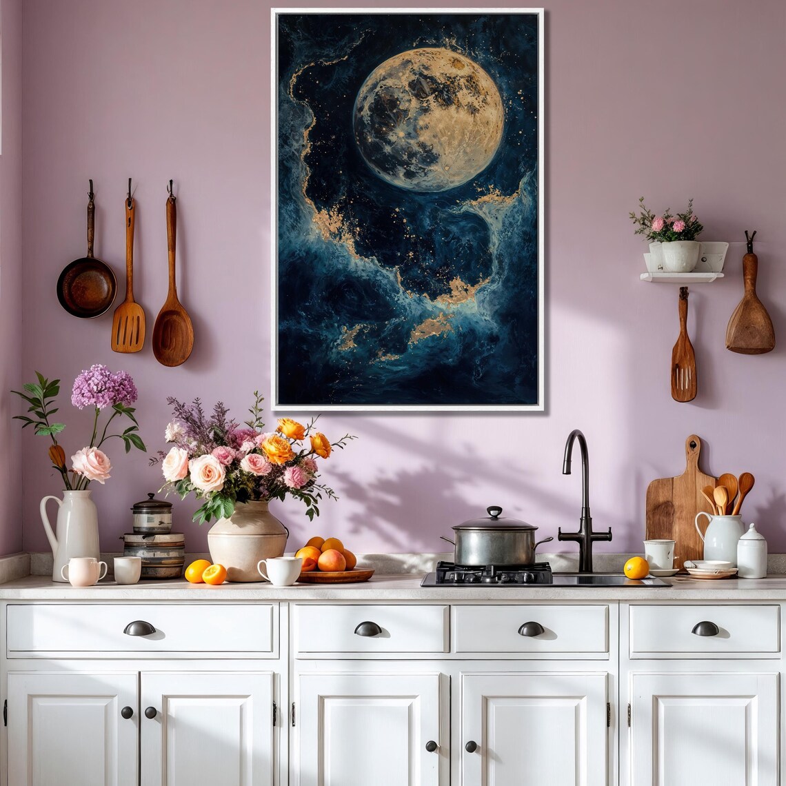 Golden Full Moon in Dark Blue Cosmic Night Sky Elegant Art Poster - Image 2