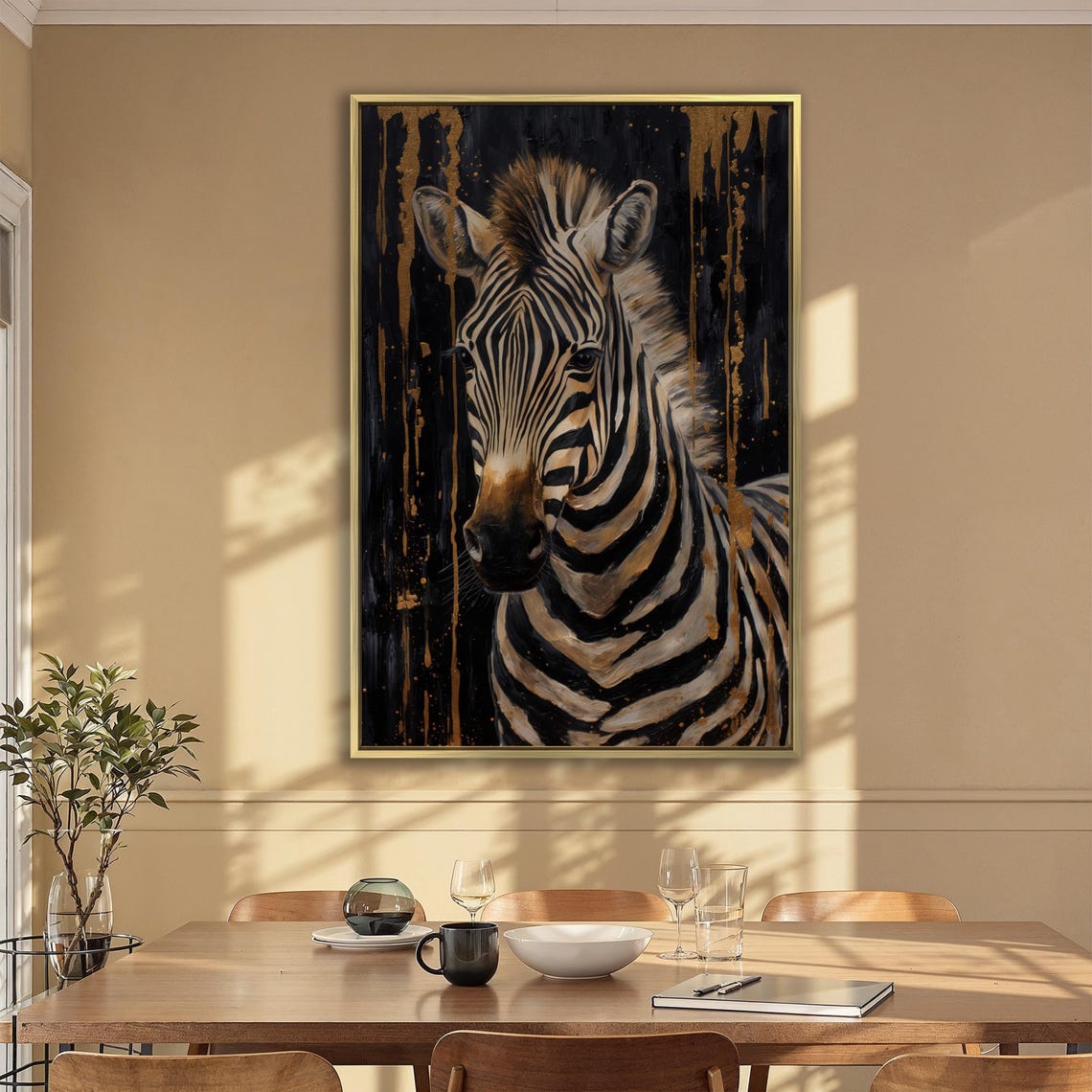 Zebra Portrait Gold Paint Drips On Black Safari Animal Wall Art - Image 5