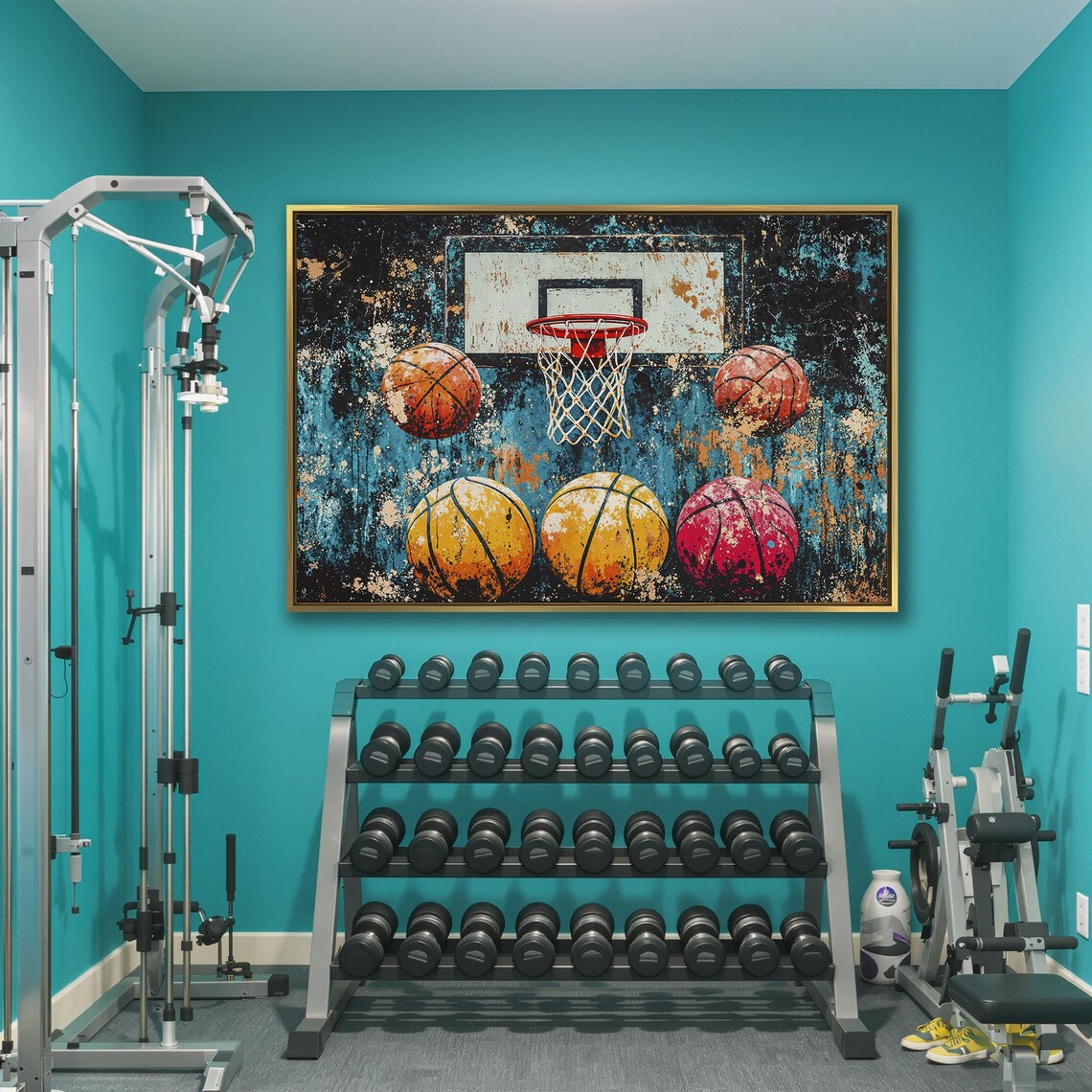 Basketball Hoop Surrounded By Five Colorful Balls Sports Poster - Image 3