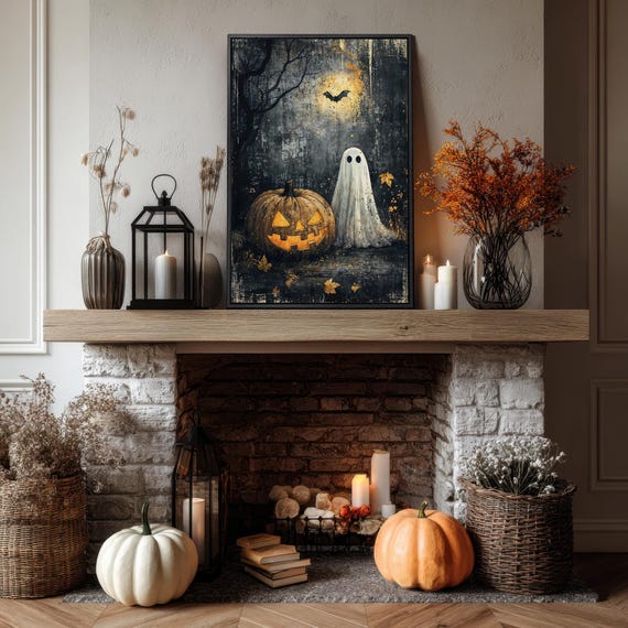 Ghost With Glowing Jack-O-Lantern Under Full Moon Halloween Poster