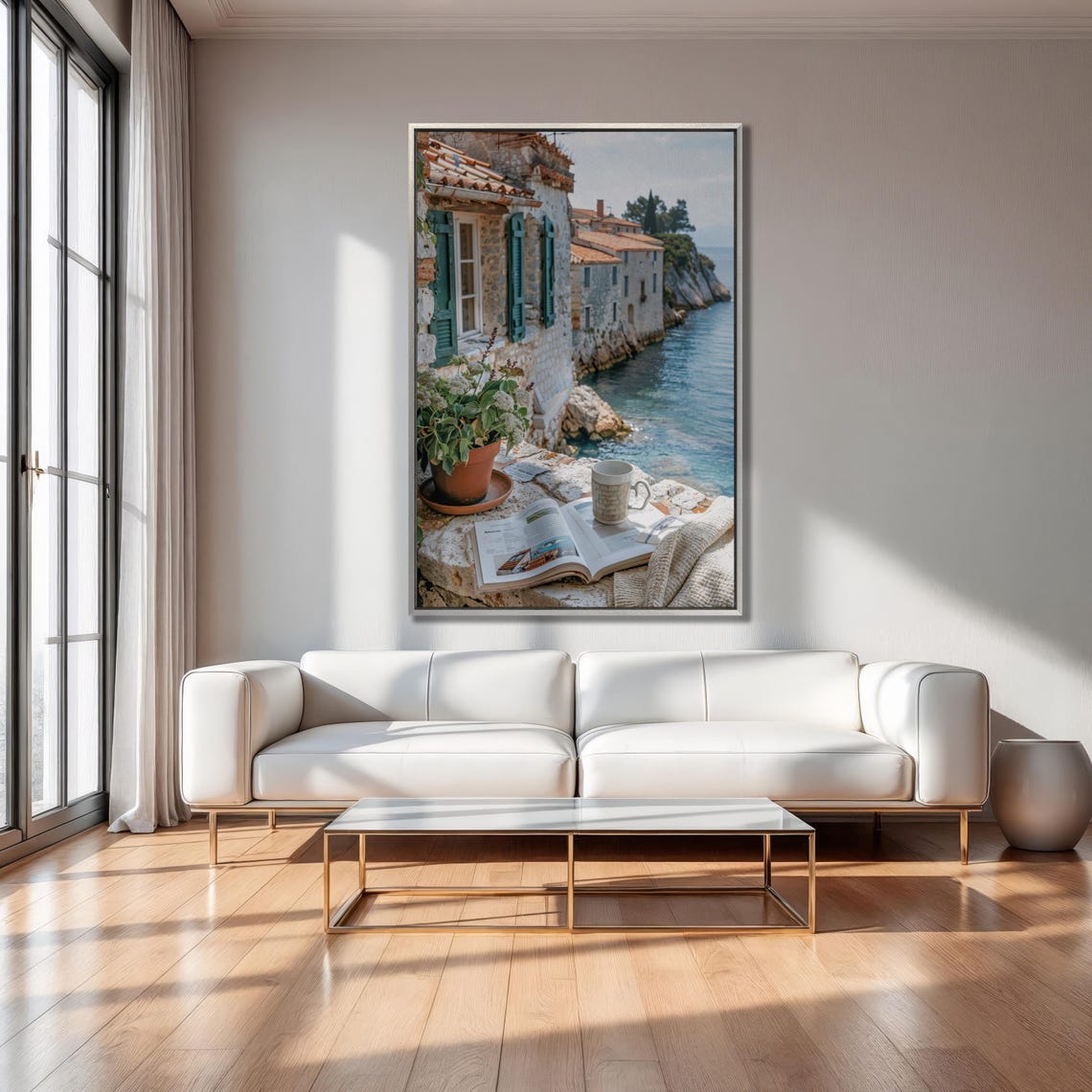 Mediterranean Stone Terrace Coffee Overlooking Turquoise Sea Poster - Image 3