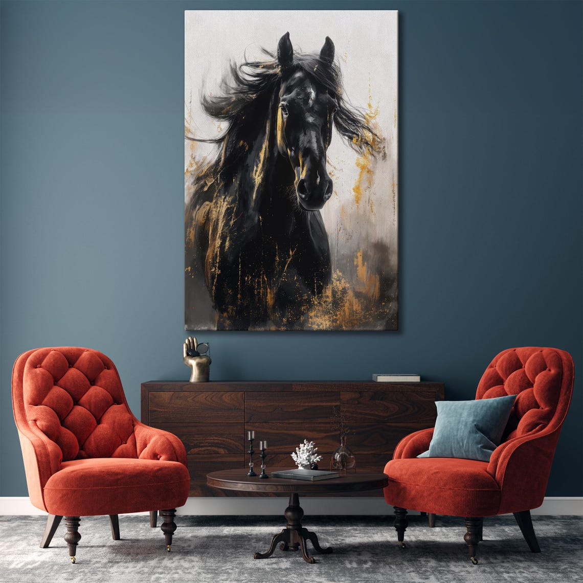 Black Stallion With Flowing Mane Vertical Equine Portrait Art Poster - Image 4