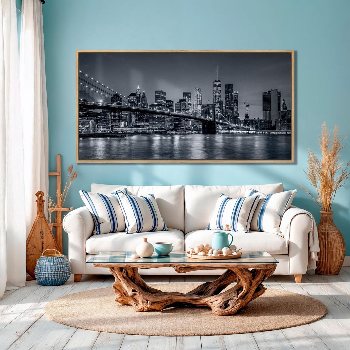 New York City Black White Brooklyn Bridge Skyline Triptych Poster - Image 3