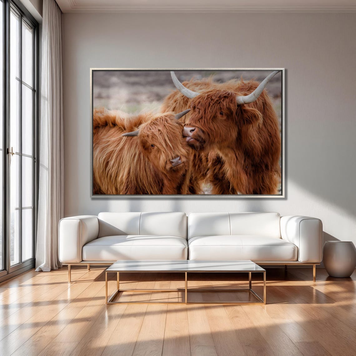 Scottish Highland Cows Nuzzling Cute Farm Animal Rustic Large Wall Art - Image 2