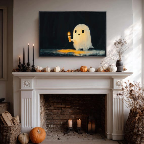 Cute Holding Candle Canvas Wall Art Friendly Ghostly Figure Painting Print Minimalistic Poster Halloween Decor Gift Ready To Hang