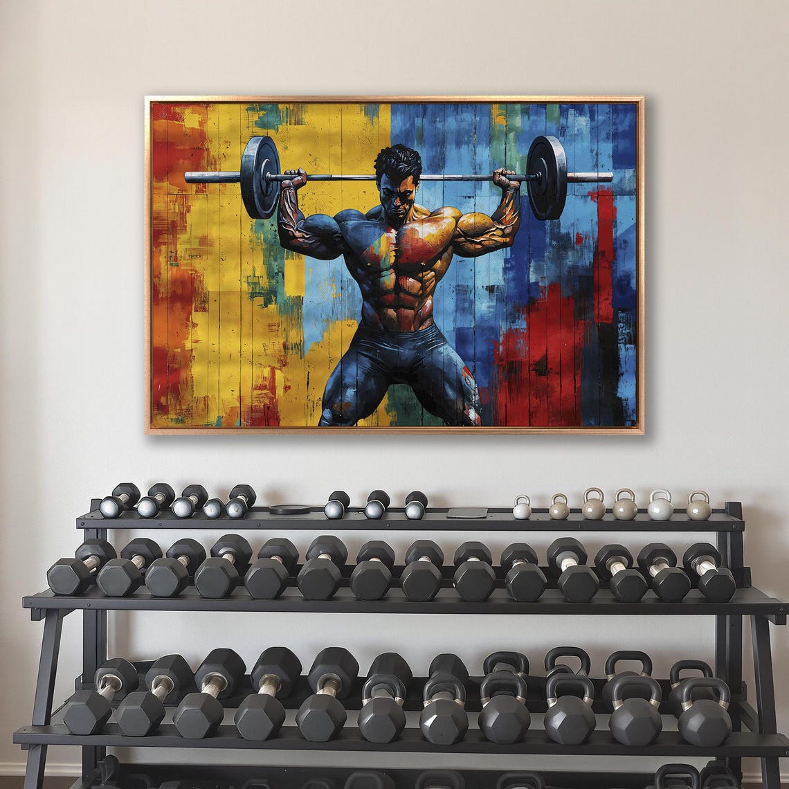 Muscular Male Bodybuilder Barbell Squat Colorful Abstract Gym Poster - Image 4