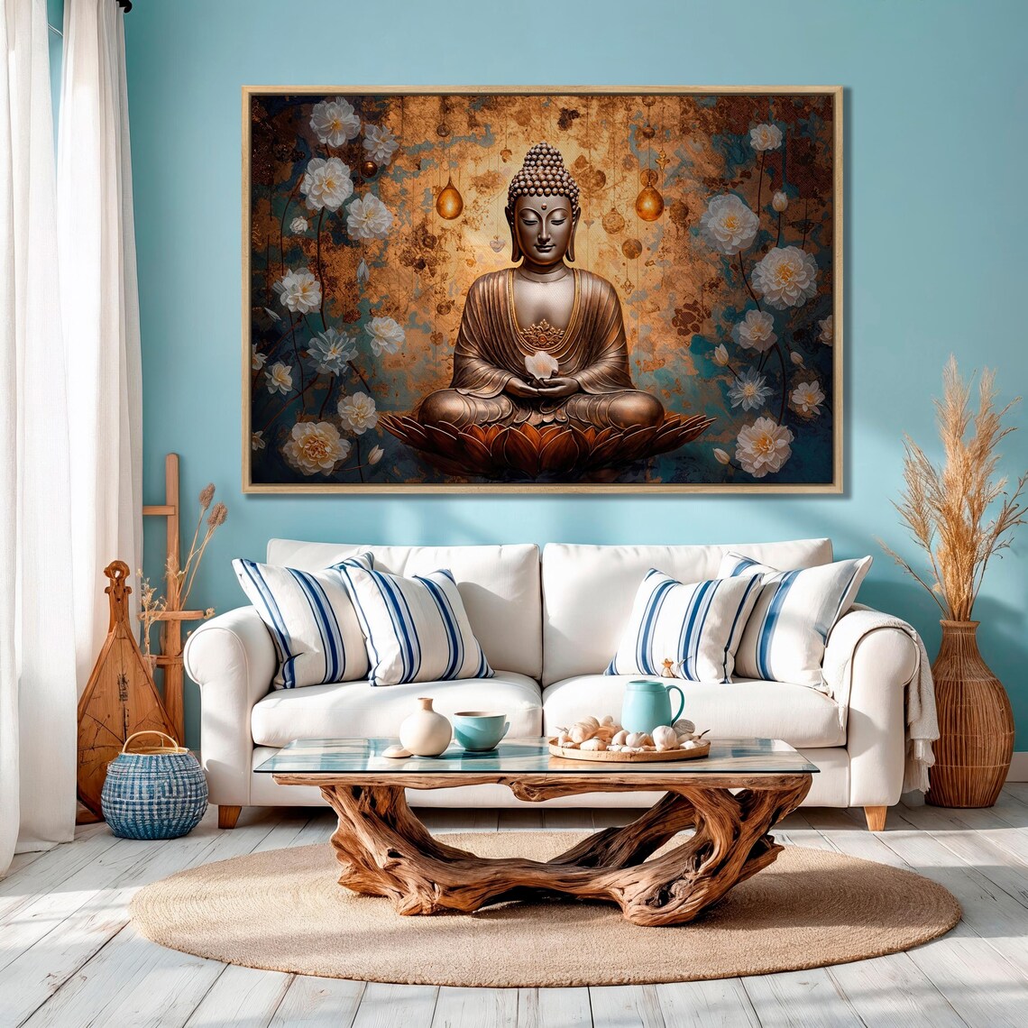 Bronze Buddha Meditating On Lotus Flower Floral Zen Wall Art - Image 4