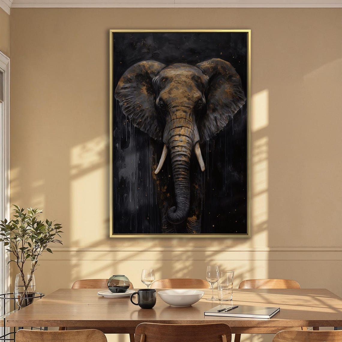 Elephant Front Portrait Gold And Black Brushstrokes Animal Wall Art - Image 5