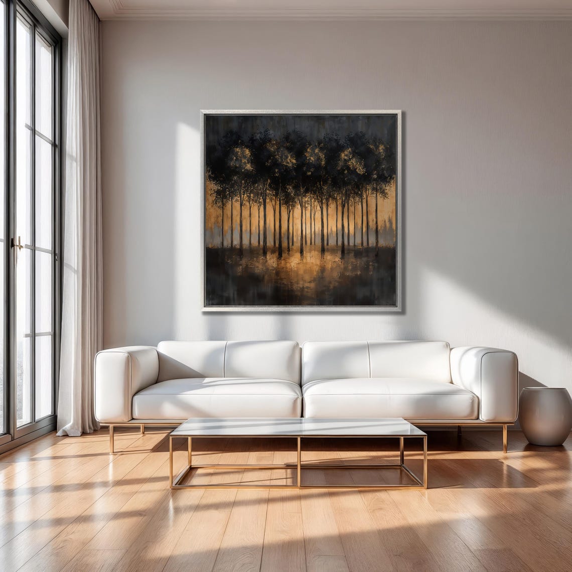Dark Forest Trees Silhouettes in Golden Mist Reflection Art Poster - Image 3