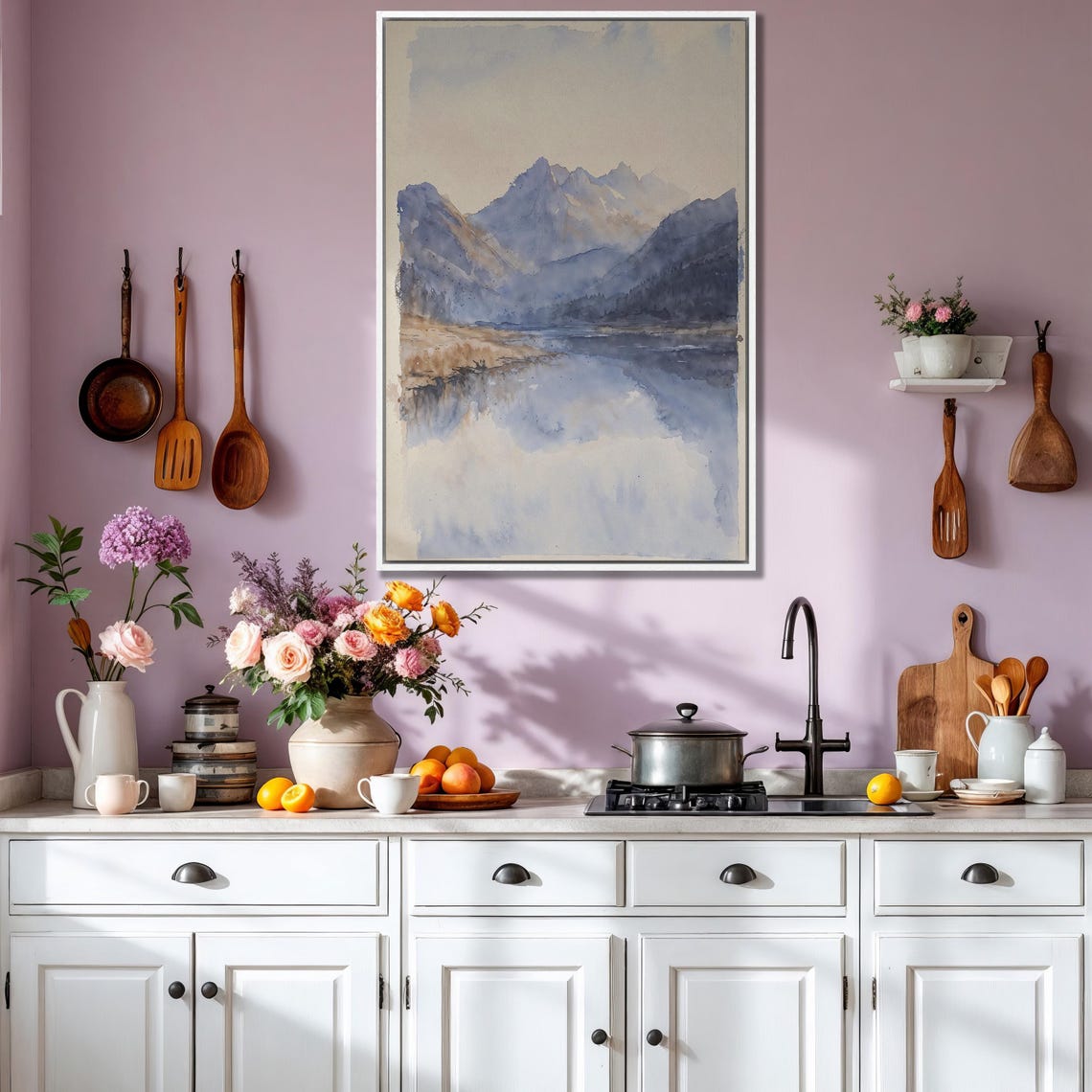 Misty Blue Mountain Lake Reflection Watercolor Landscape Poster - Image 3