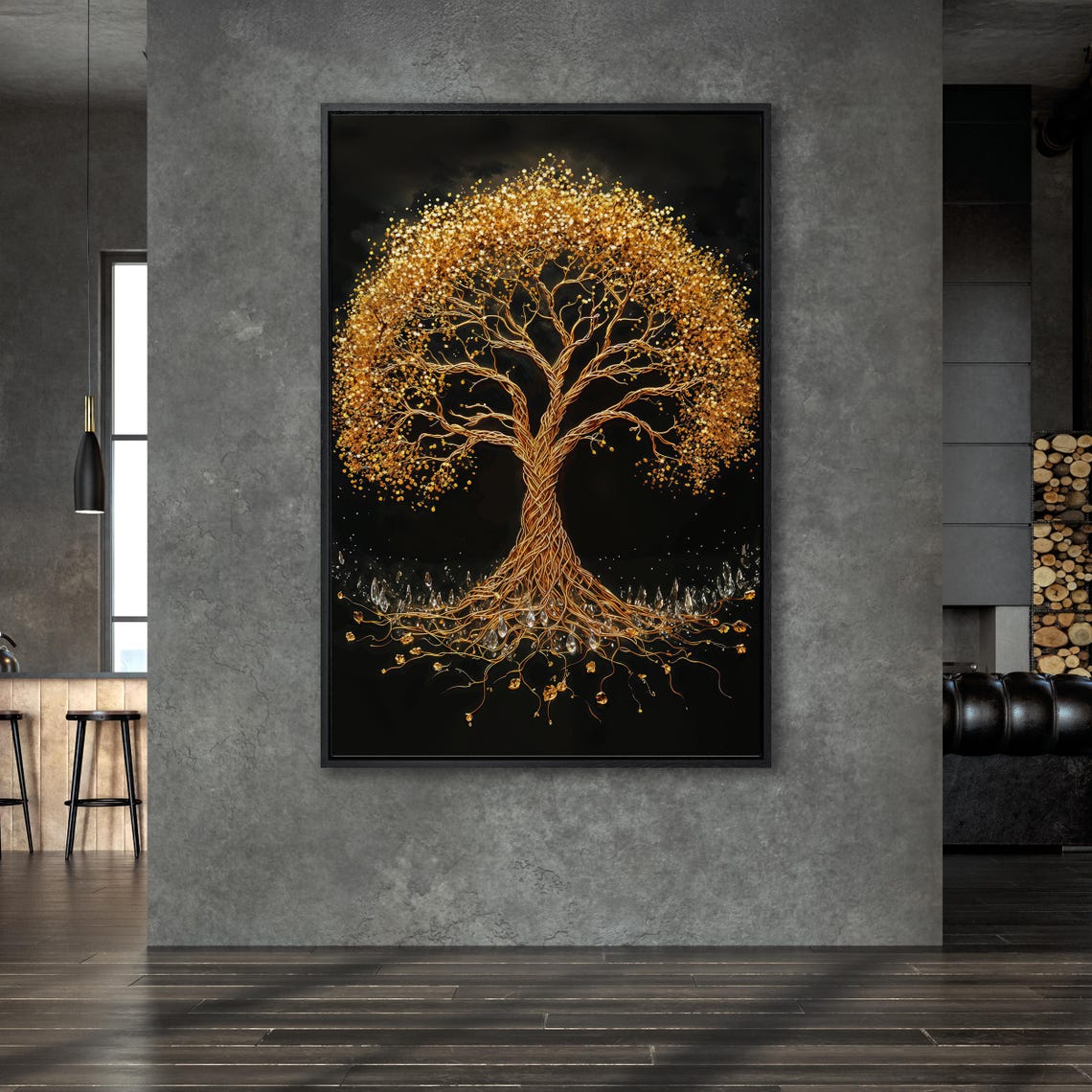 Golden Tree of Life with Crystal Roots on Black Elegant Art Poster - Image 6