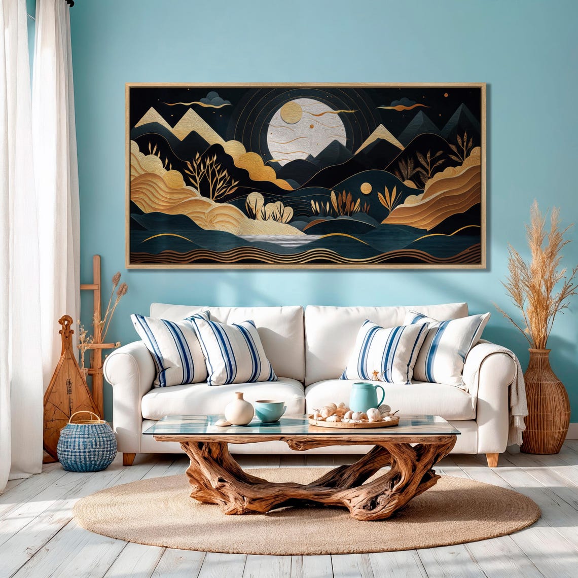 Golden Moon Over Stylized Mountains Panoramic Night Landscape Poster - Image 3