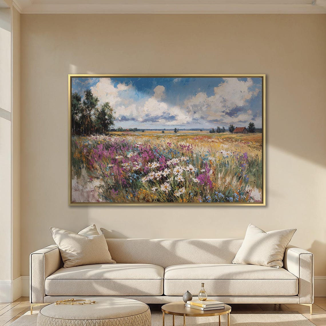 Summer Wildflower Meadow With Red Barn Under Blue Sky Poster - Image 2