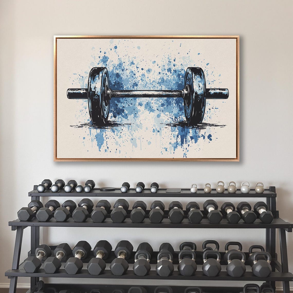 Ink Sketch Barbell with Blue Paint Splatter on Cream Sports Poster - Image 4