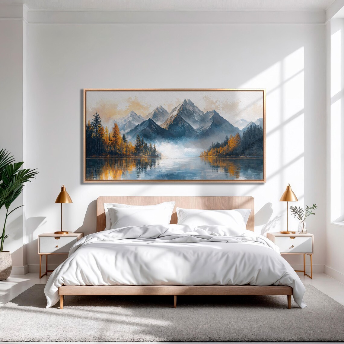 Misty Blue Mountains with Autumn Forest Lake Panorama Art Poster - Image 2