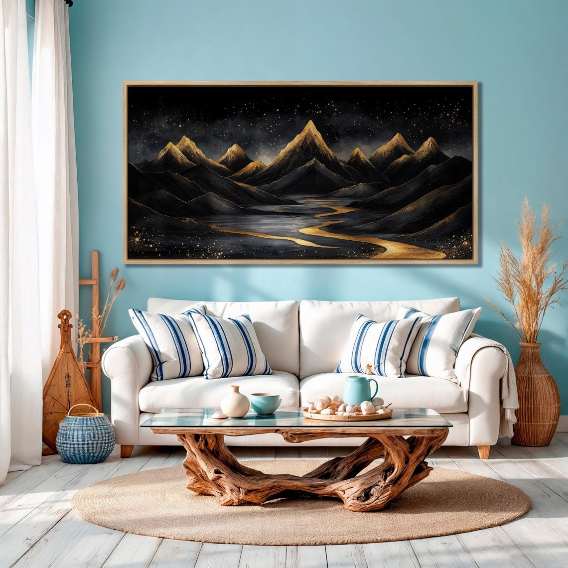 Golden Peaks and Winding River Under Starry Night Sky Art Poster - Image 2