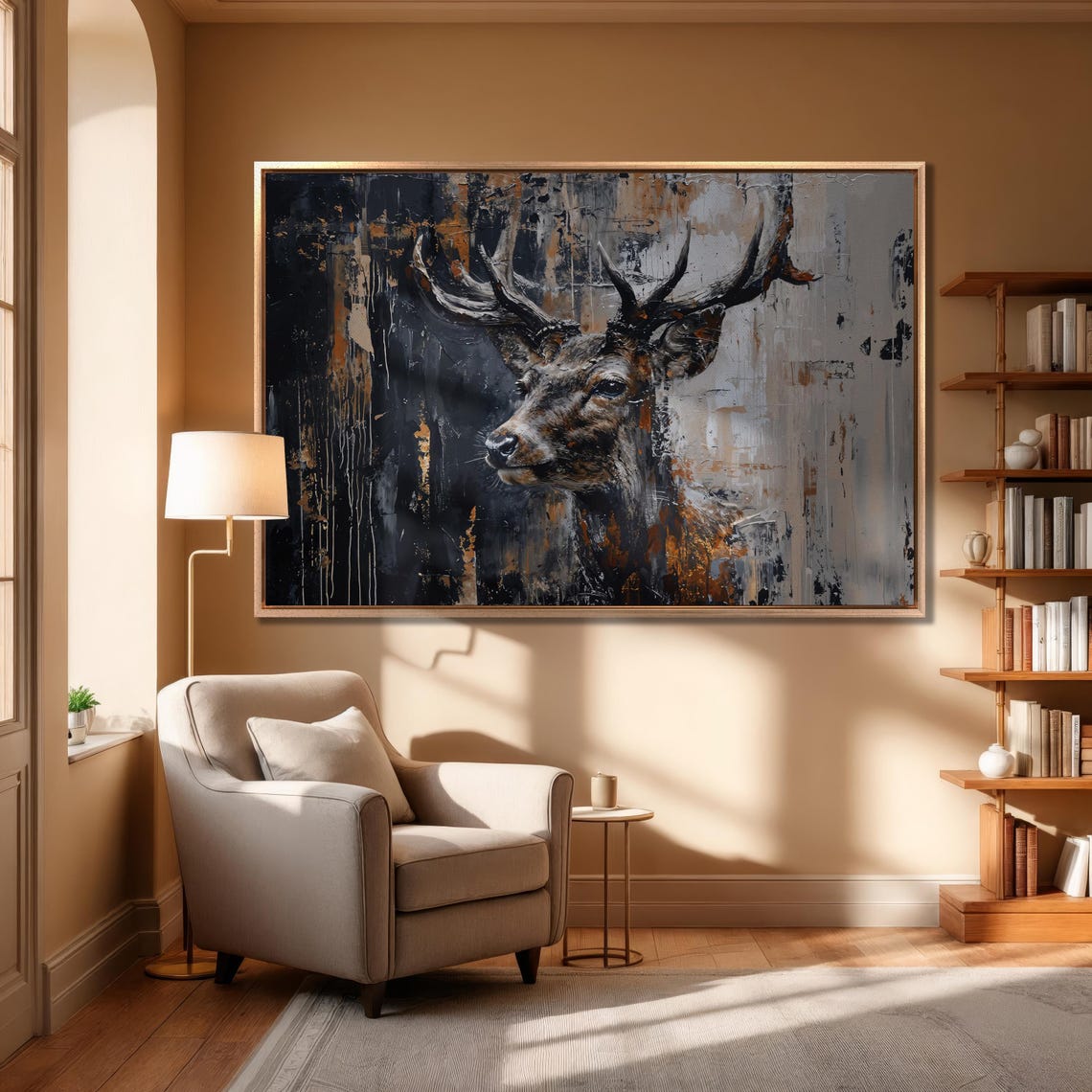 Abstract Stag Deer Head In Black Beige And Gold Splashes Poster - Image 5