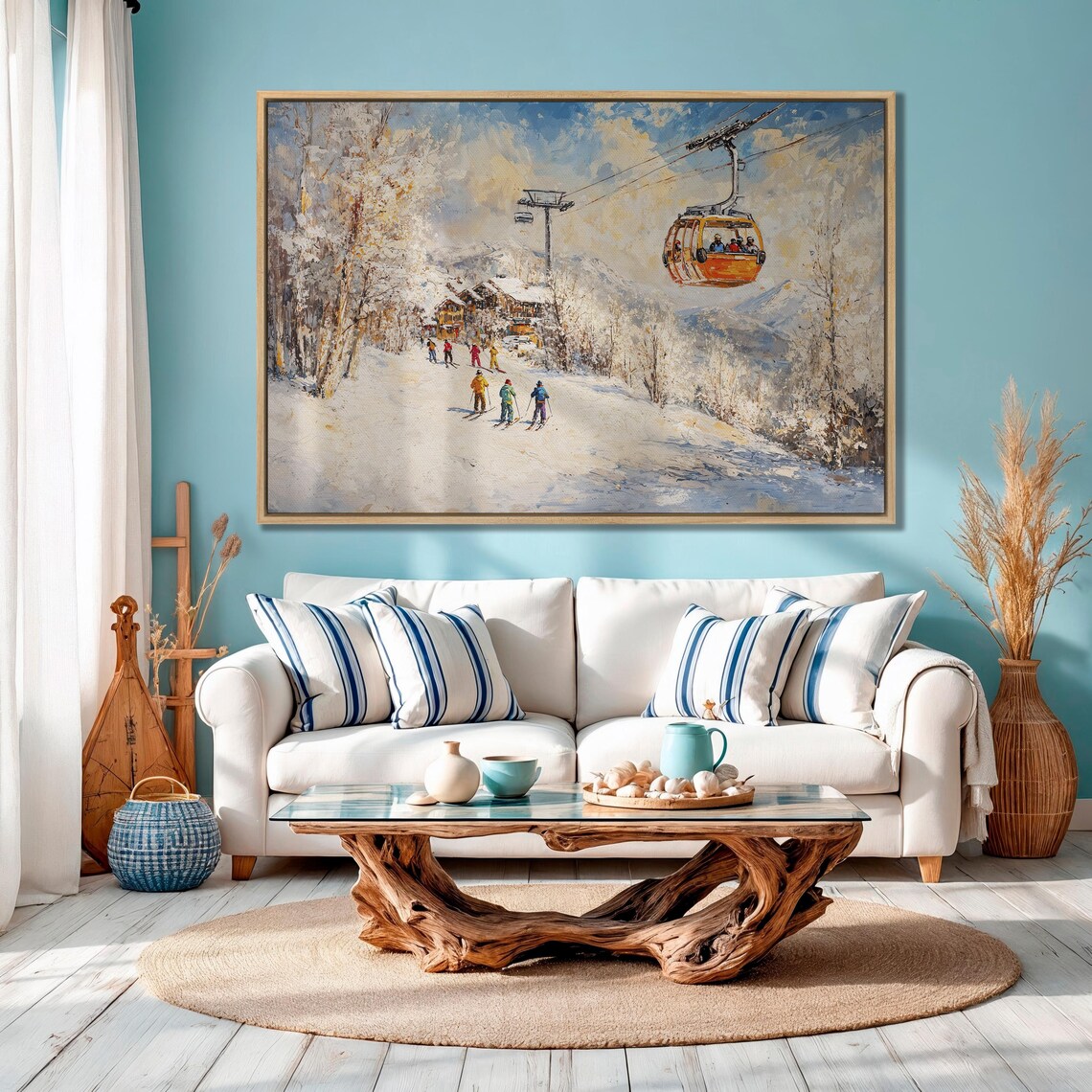 Orange Gondola Above Skiers Near Alpine Village Golden Light Poster - Image 4