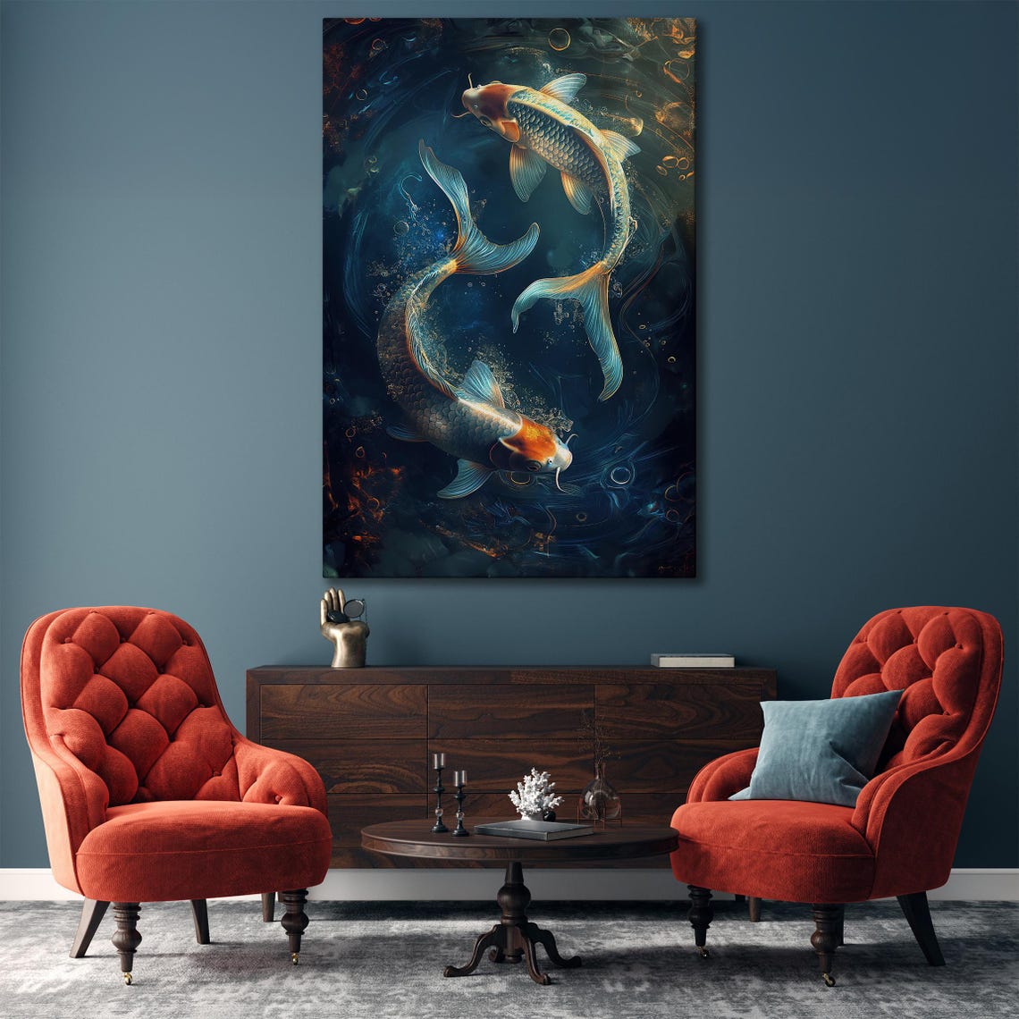 Koi Fish Yin Yang Circle In Dark Pond Japanese Painting Art Poster - Image 4