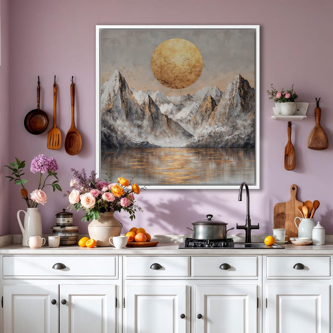Snowy Mountain Peaks Under Golden Sun Lake Reflection Art Poster - Image 6