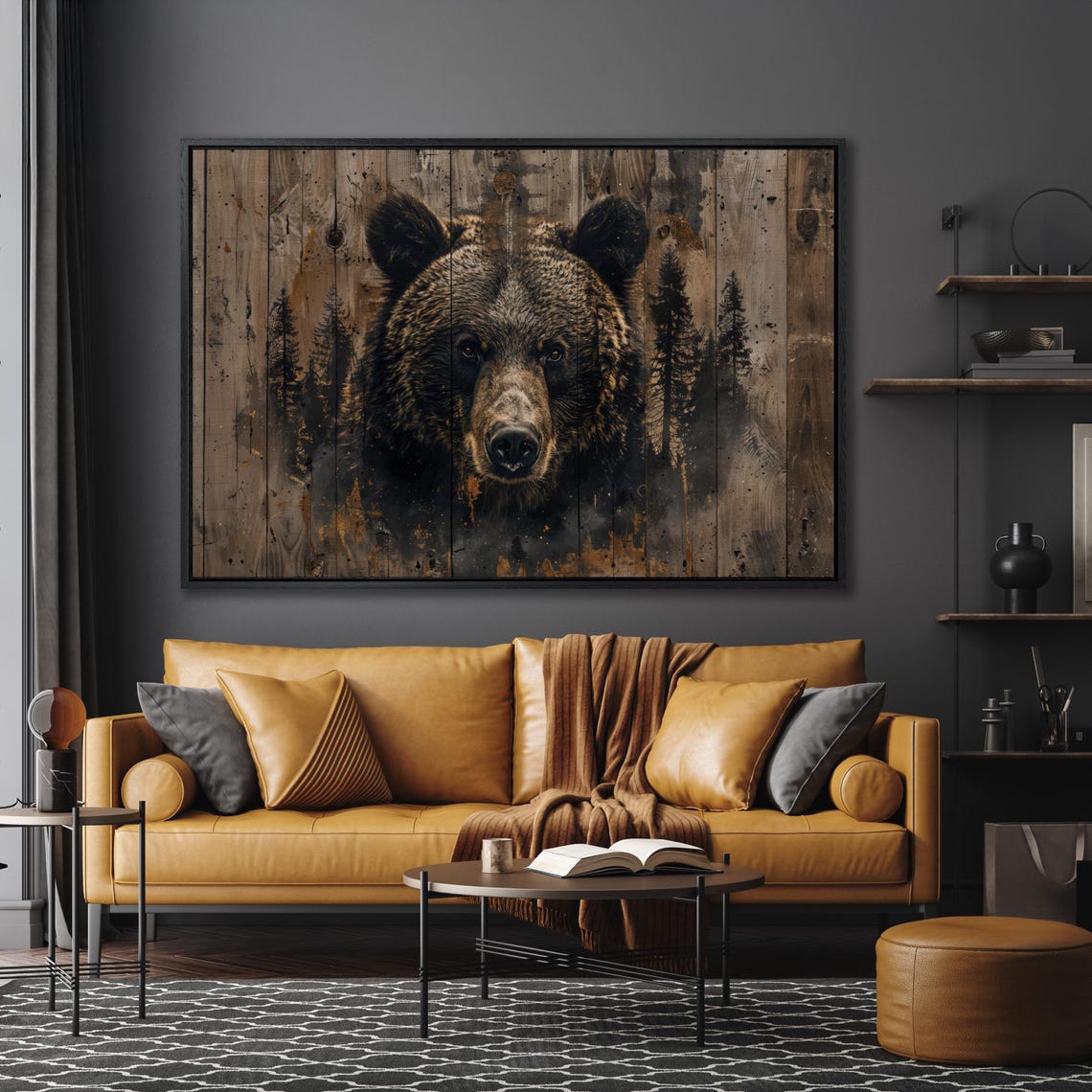 Brown Bear Face On Rustic Wood Planks Wildlife Cabin Art Poster - Image 5