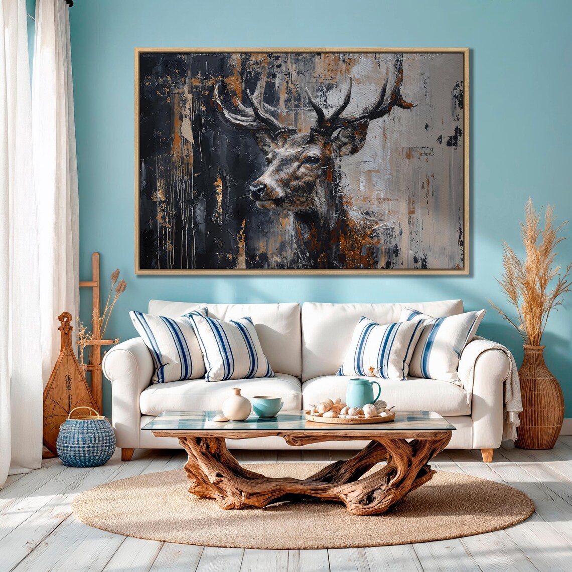Abstract Stag Deer Head In Black Beige And Gold Splashes Poster - Image 2