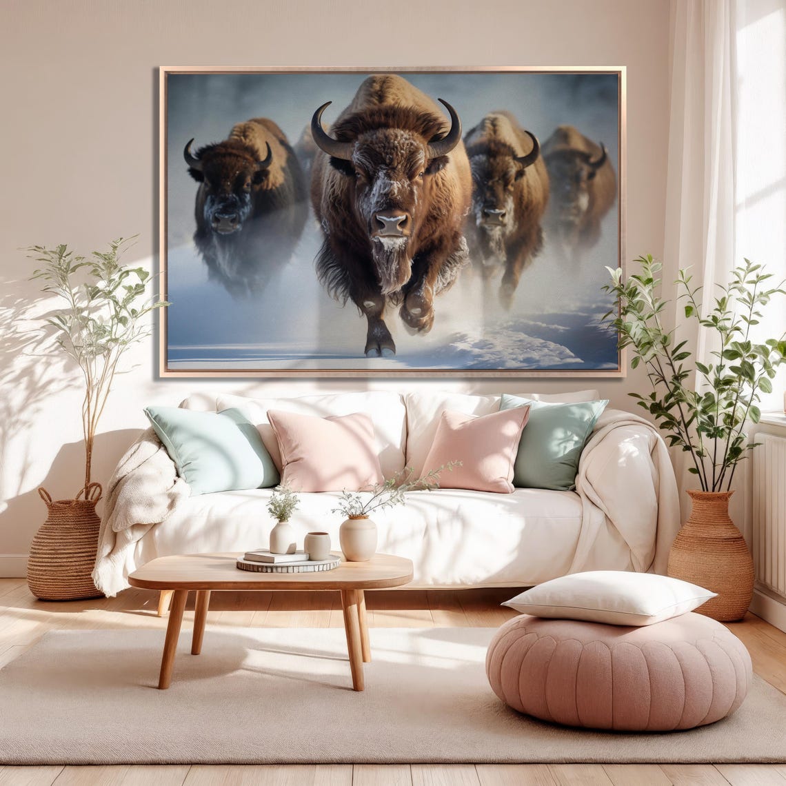 Bison Herd Charging Through Snow Rustic Winter Wildlife Wall Art - Image 2