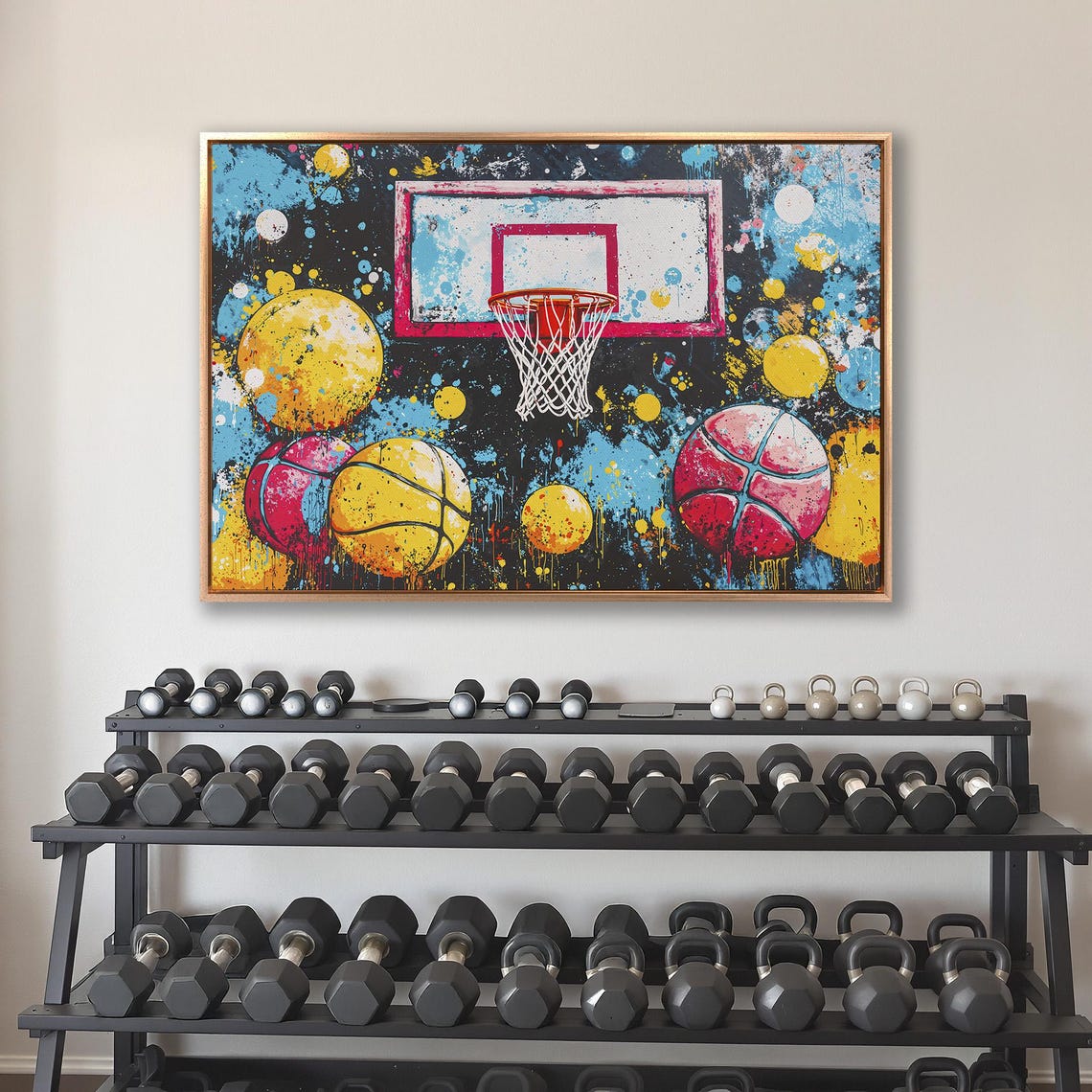 Pop Art Basketball Hoop With Colorful Balls Paint Splatter Poster - Image 4